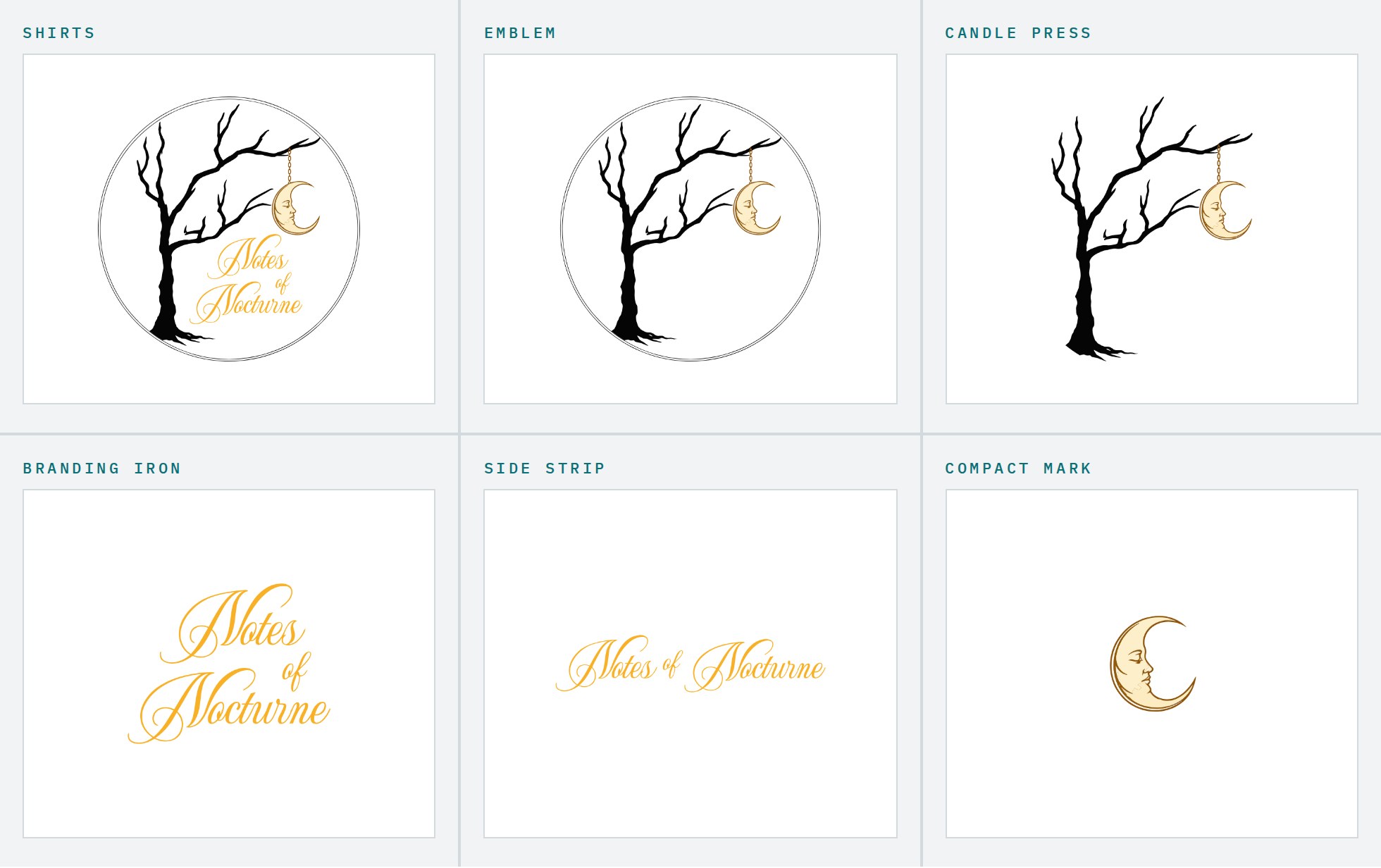 Six applications of the Notes of Nocturne mark: shirts, emblem, candle press, branding iron, side strip and compact mark.